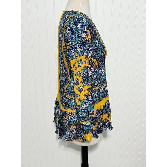 Free People Womens Floral Tunic Top Ruffle Long Sleeve V Neck Yellow Blue Small - Picture 2 of 11